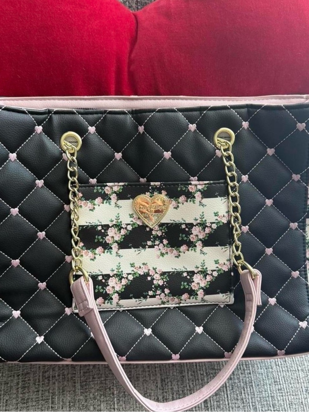 Betsey Johnson Black Quilted Tote with Pink Floral Stripe Pocket